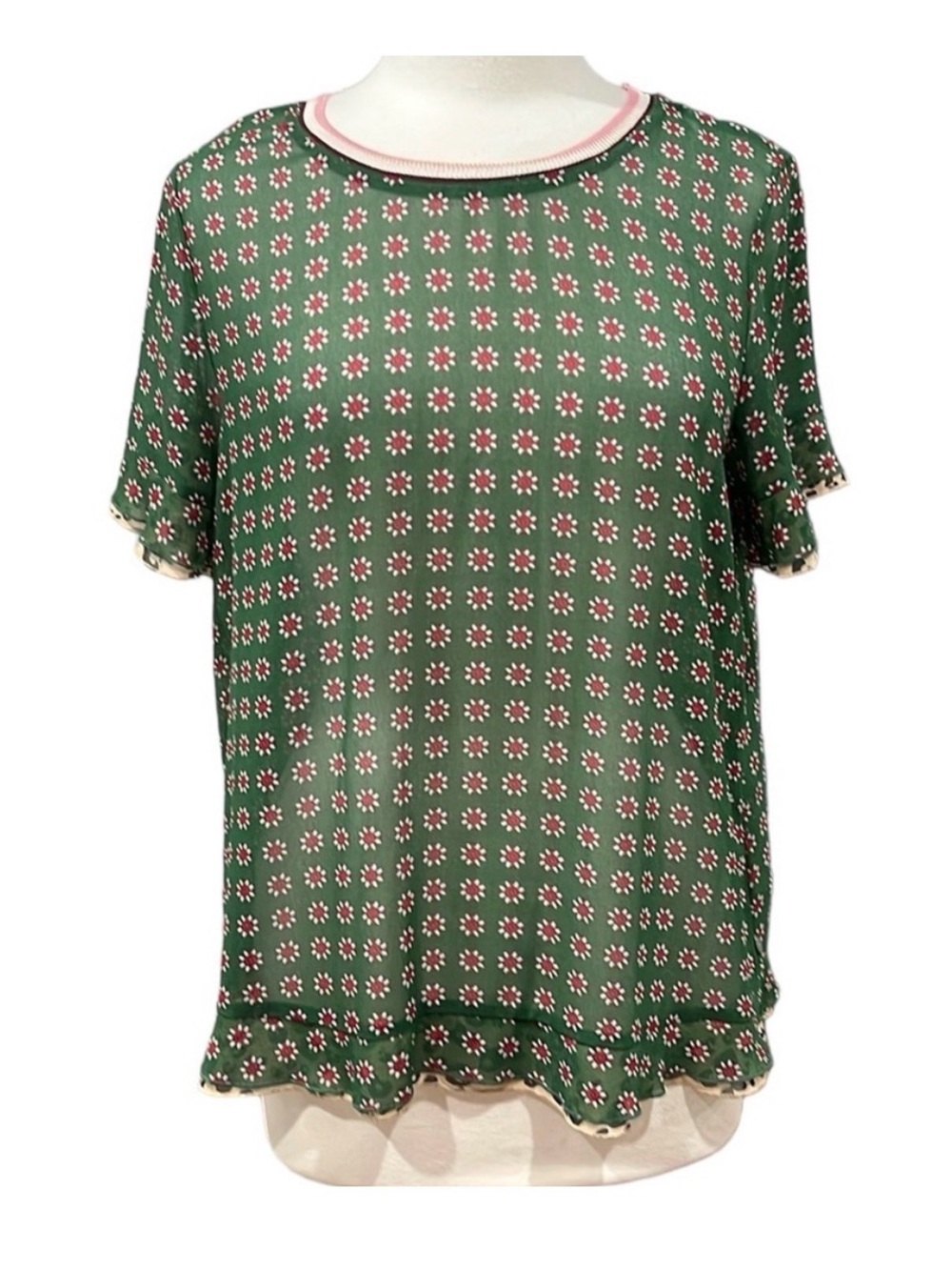 💚 Scotch & Soda Green Short Sleeve Sheer Floral Tee